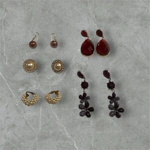 Jewelry Bundle Pearl, Faux Red Stone Clear Crystal Accents Earrings Set of 5